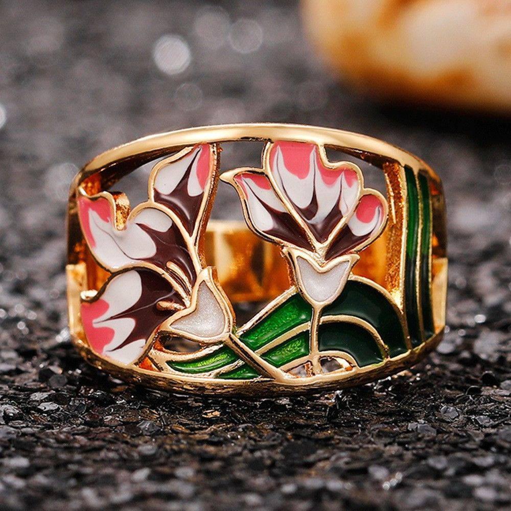 Heasley - Luxurious Flower Ring with Gold Enamelwork