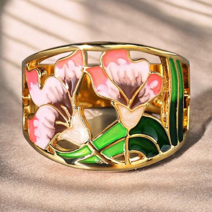 Heasley - Luxurious Flower Ring with Gold Enamelwork