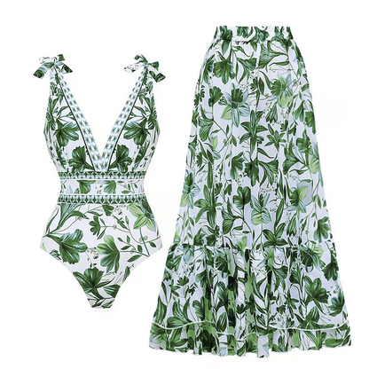 Cary - Floral Pattern One-Piece Swimsuit with V-neck and Elegant Design