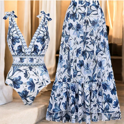 Cary - Floral Pattern One-Piece Swimsuit with V-neck and Elegant Design