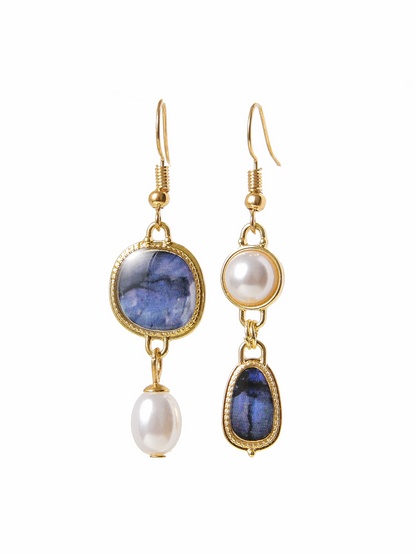 Kressa – Unique Pearl Earrings with Blue Gemstone in Elegant Vintage Design