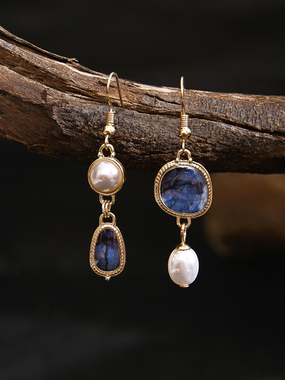 Kressa – Unique Pearl Earrings with Blue Gemstone in Elegant Vintage Design