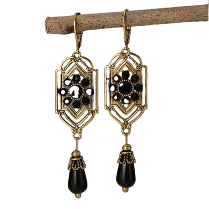 Faylil – Black Crystal Earrings in Vintage Style, Dangle and Elegant