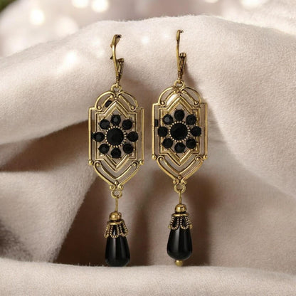 Faylil – Black Crystal Earrings in Vintage Style, Dangle and Elegant