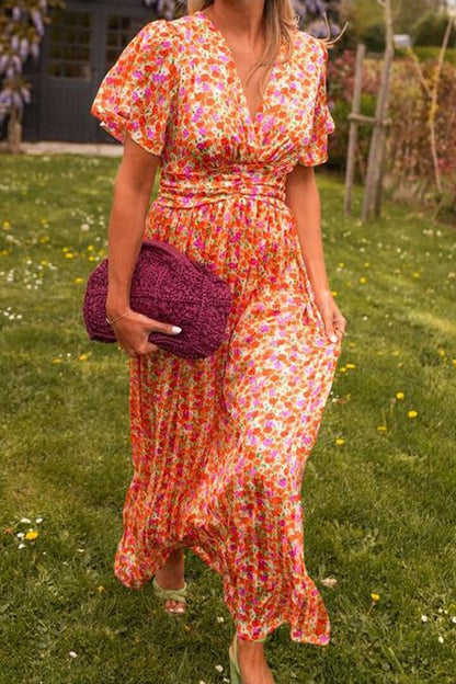 Sandra™ | Lightweight summer maxi dress with V-neckline and colorful floral trim