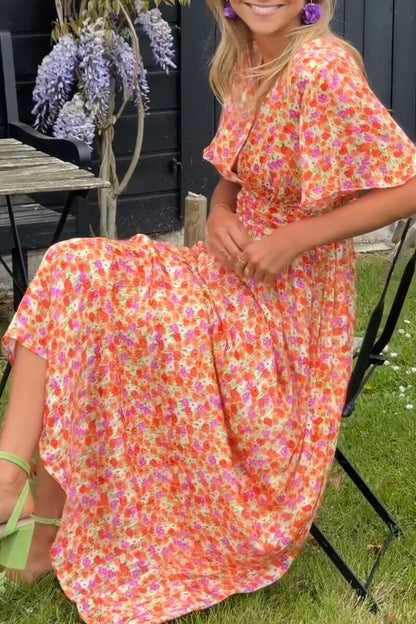 Sandra™ | Lightweight summer maxi dress with V-neckline and colorful floral trim