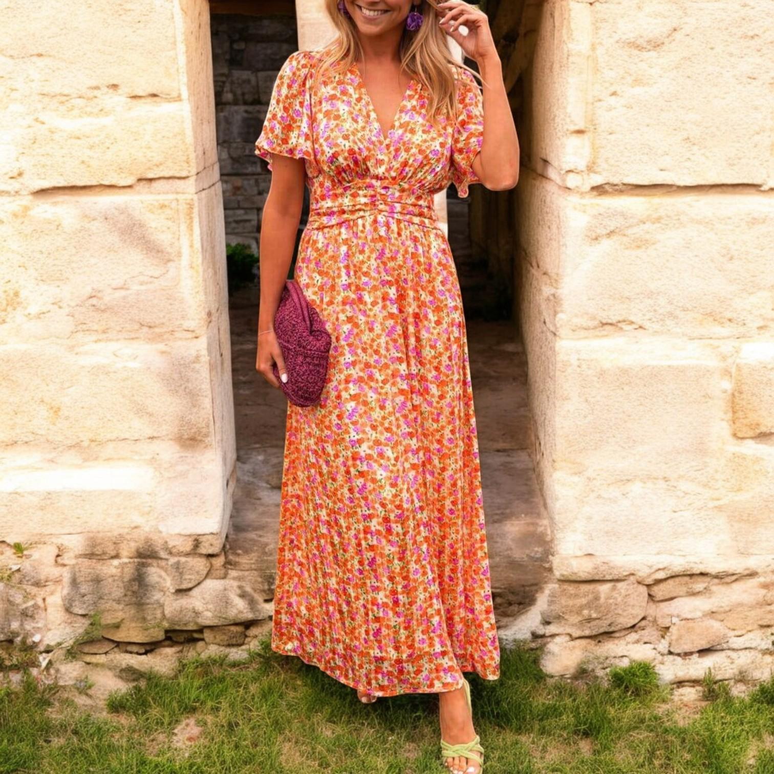 Sandra™ | Lightweight summer maxi dress with V-neckline and colorful floral trim