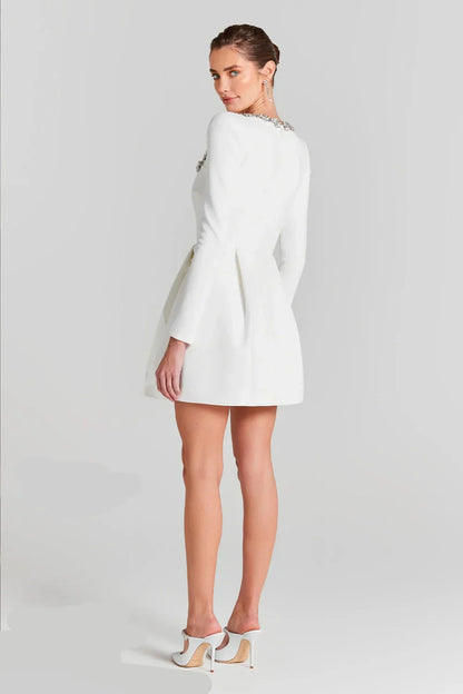 Elegant White Flower Bouquet with A-line Dress and Sparkling Gems for Your Special Event