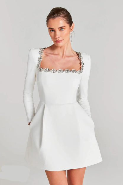 Elegant White Flower Bouquet with A-line Dress and Sparkling Gems for Your Special Event